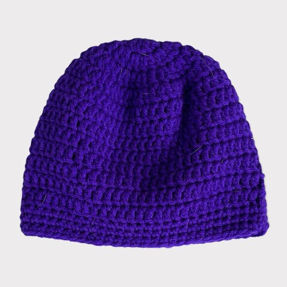 Hand Knit Crochet Girls Hat Purple with Pink Flower Buttons - Picture 2 of 8